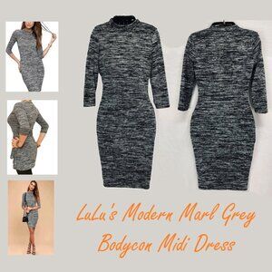 Lulu's Modern Marl Gray BodyCon Long Sleeve Midi Dress, Size Small